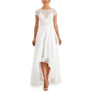 JKara Beaded Satin Short Sleeve High Low Evening Gown White Size 4 Formal Dress